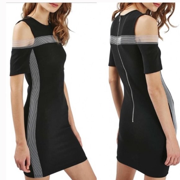 Topshop Size 2 Black Elastic Detail Cold Shoulder Bodycon Dress - Picture 1 of 5